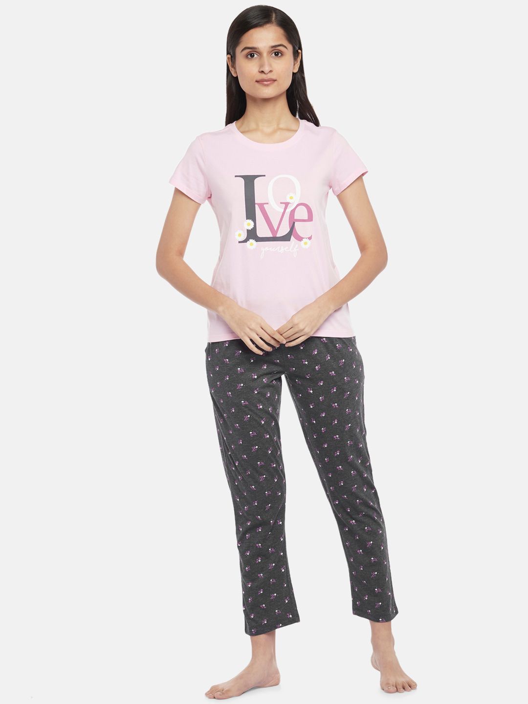 Dreamz by Pantaloons Women Pink & Grey Printed Cotton Night suit Price in India