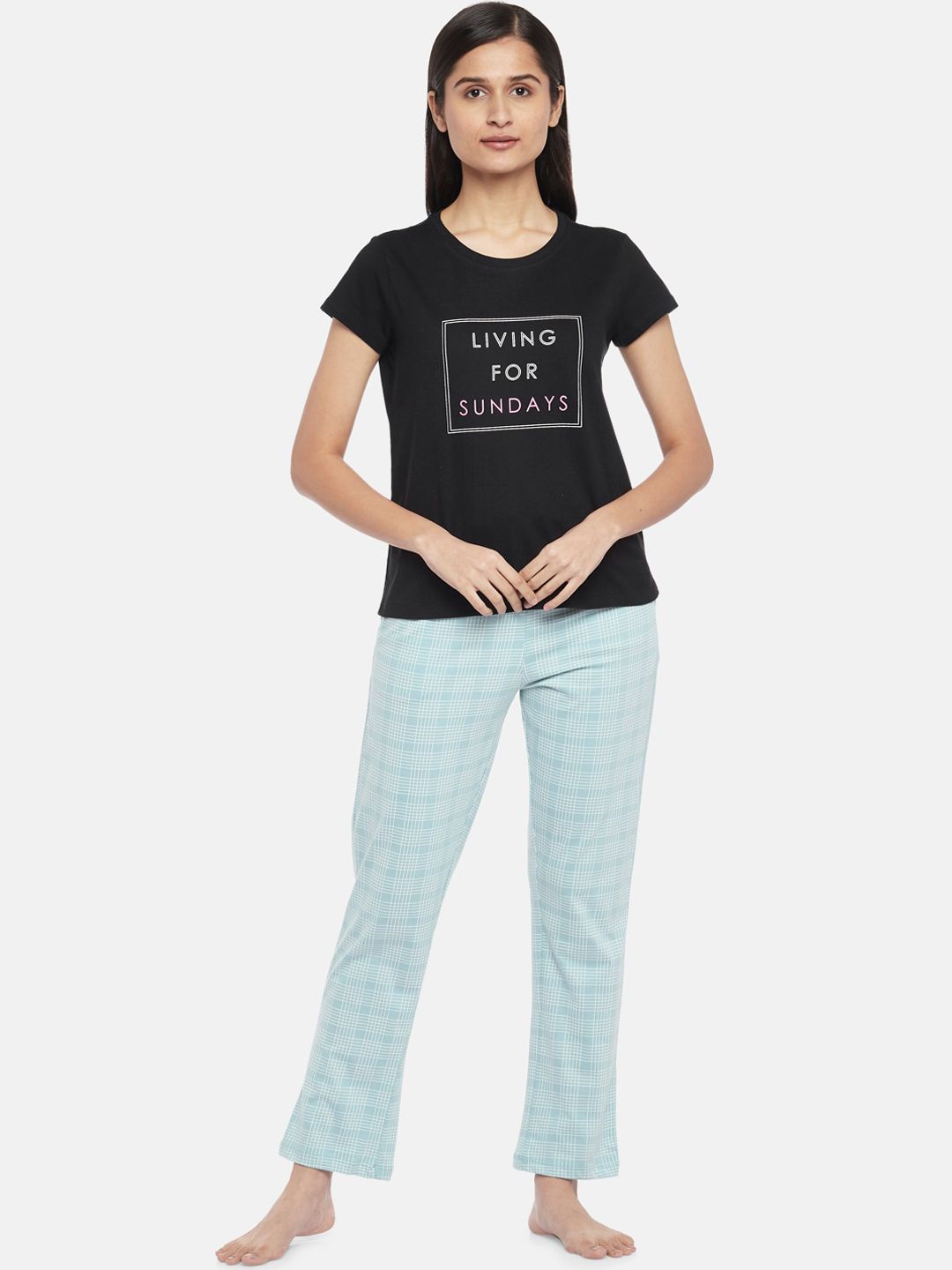Dreamz by Pantaloons Women Black & Blue Printed Pure Cotton Night suit Price in India