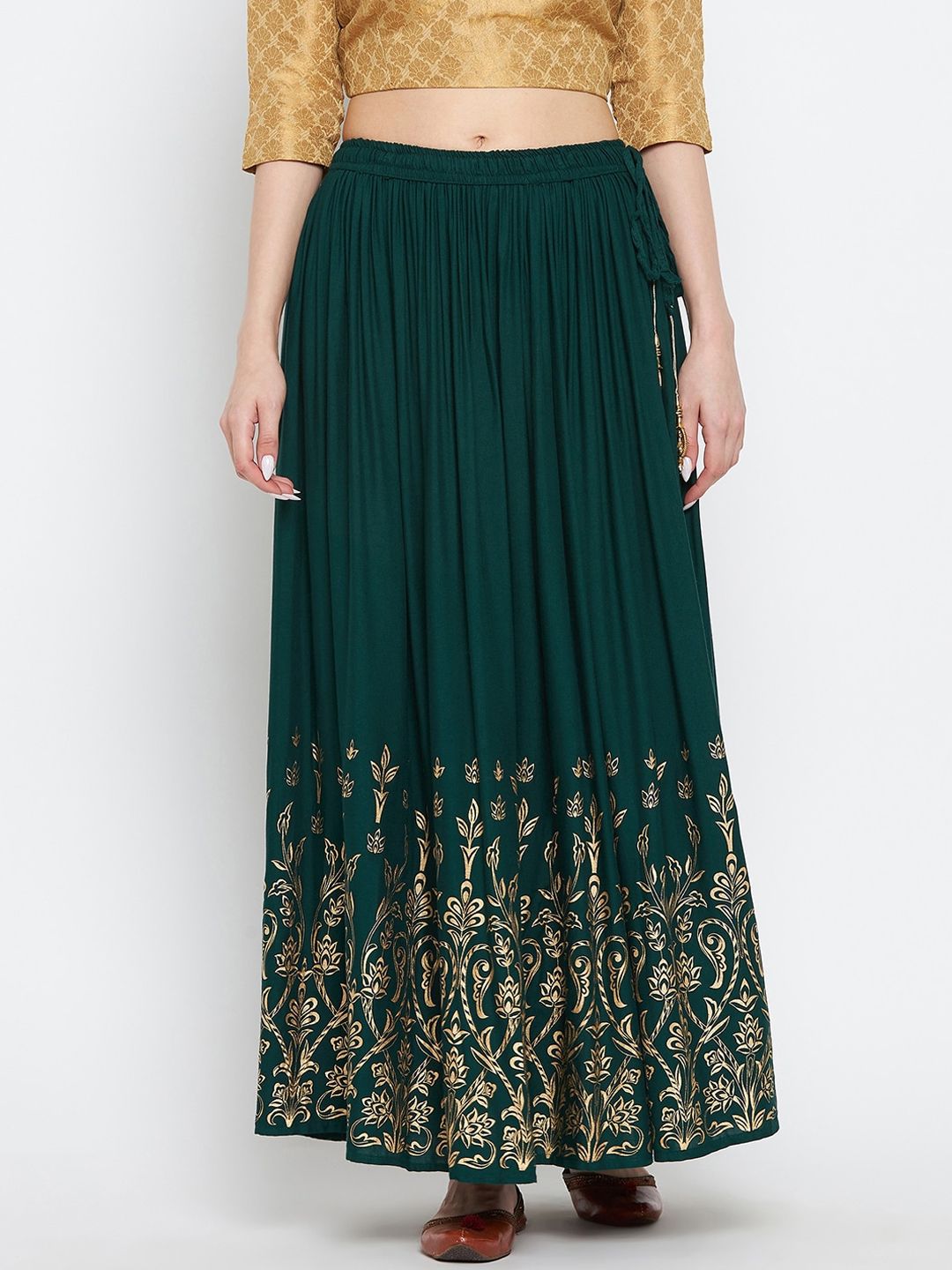 Clora Creation Women Green & Gold-Coloured Printed Flared Maxi Skirt