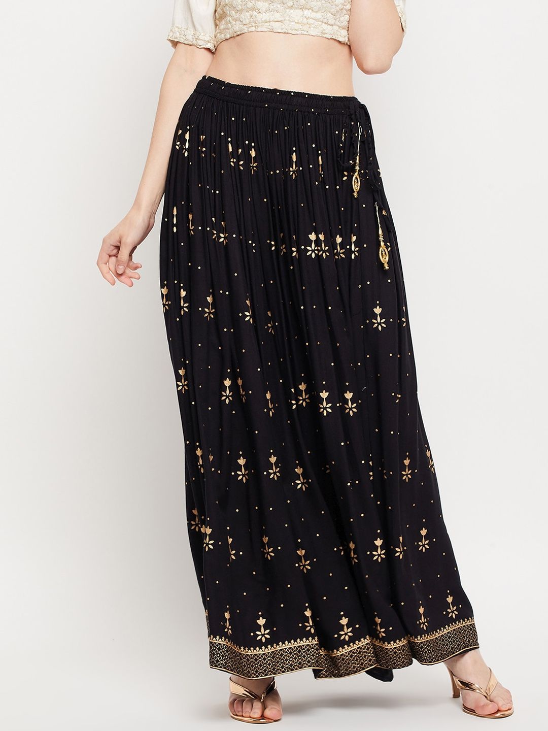 Clora Creation Women Black Floral Printed Flared Maxi Skirts