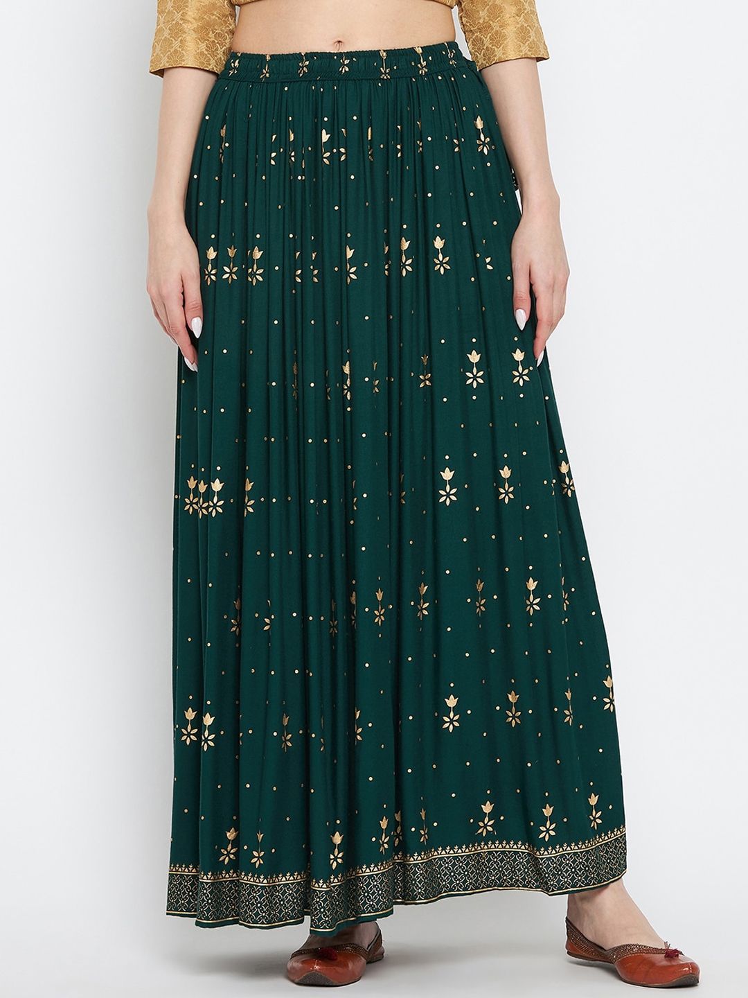 Clora Creation Green & Gold-toned Printed Flared Maxi Skirts