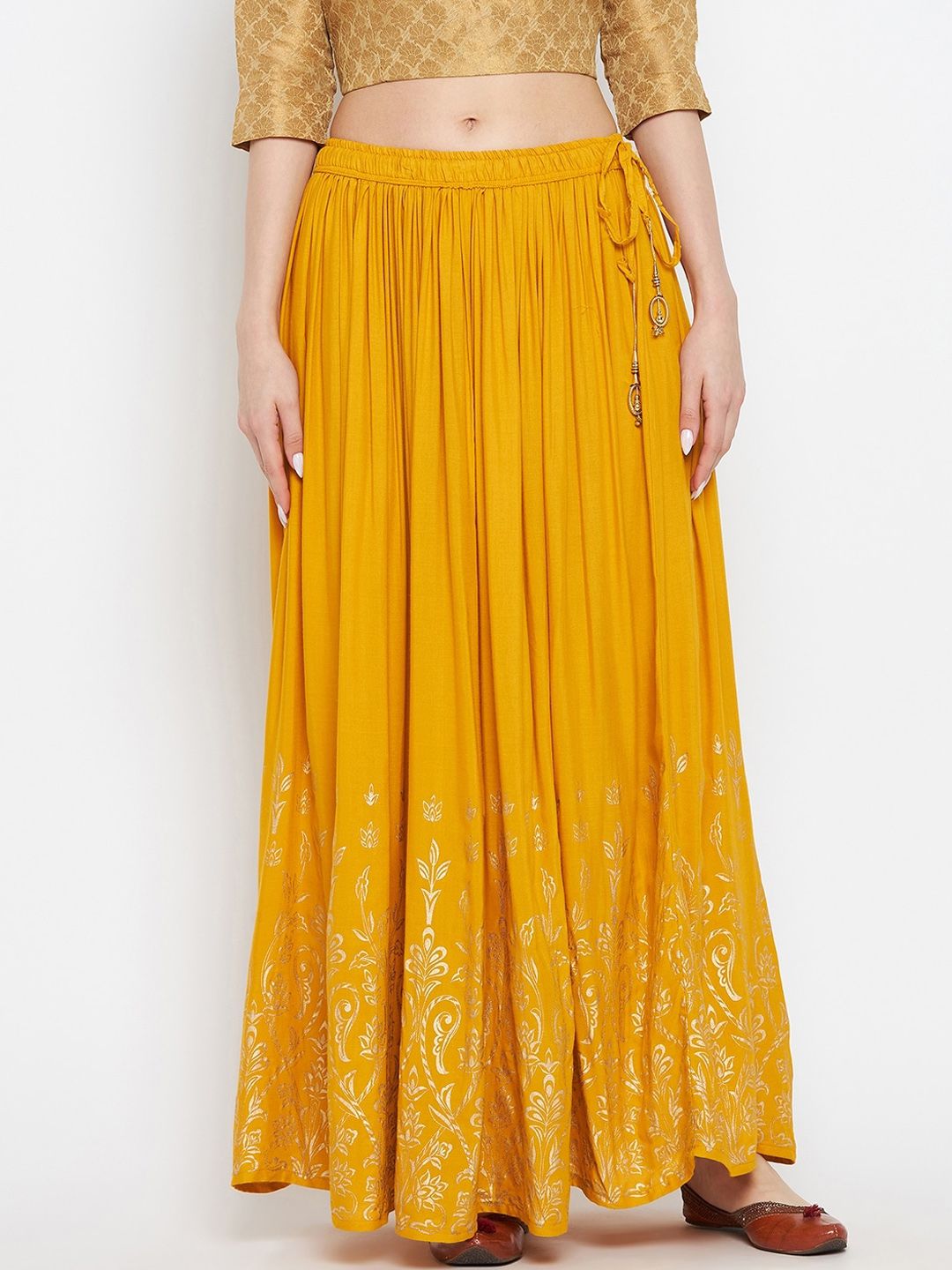 Clora Creation Women Mustard-Yellow & Gold-Coloured Printed Flared Maxi Skirt