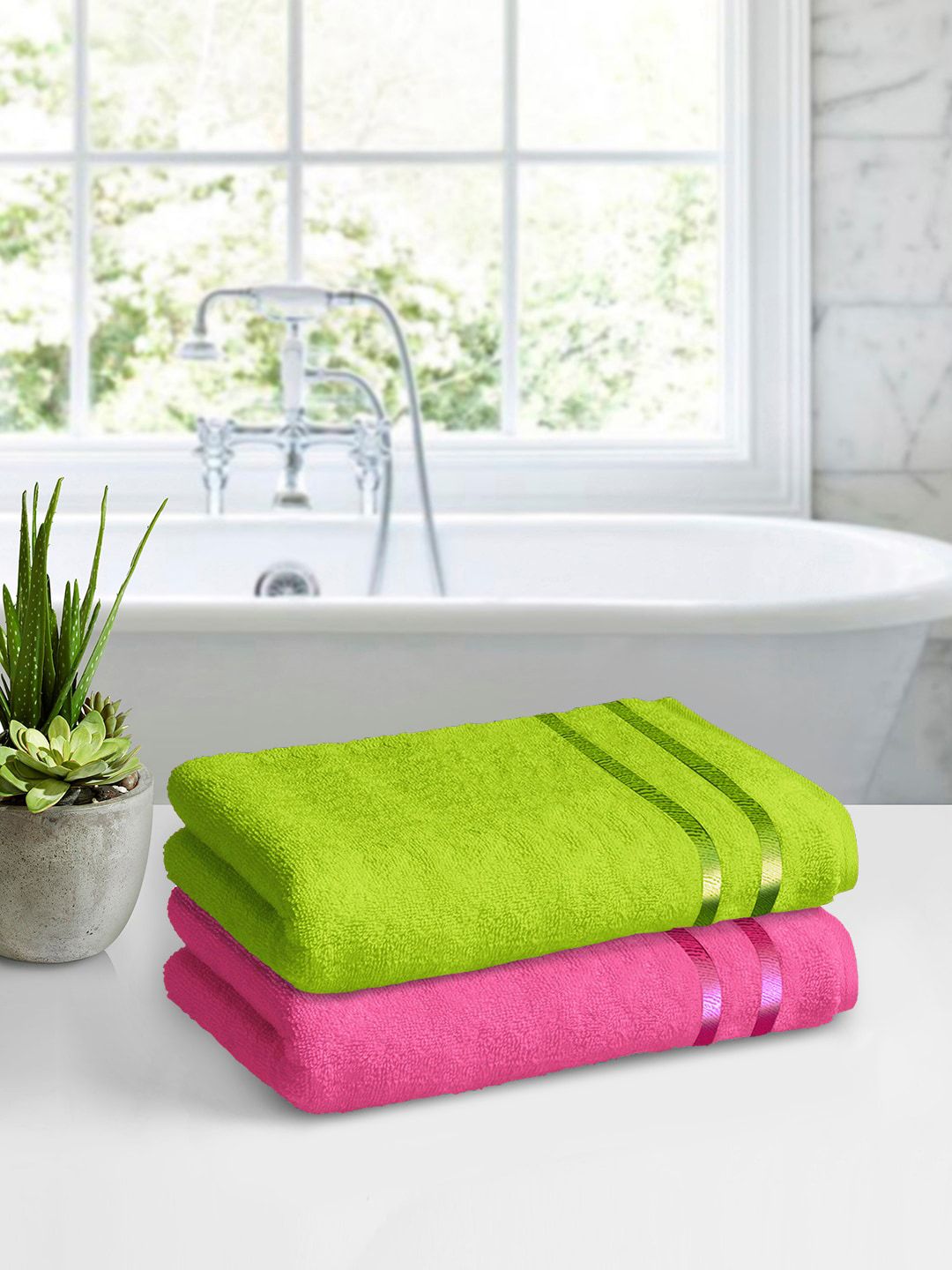 Story@home Set of 2 Pink & Green Pure Cotton Bath Towels Price in India