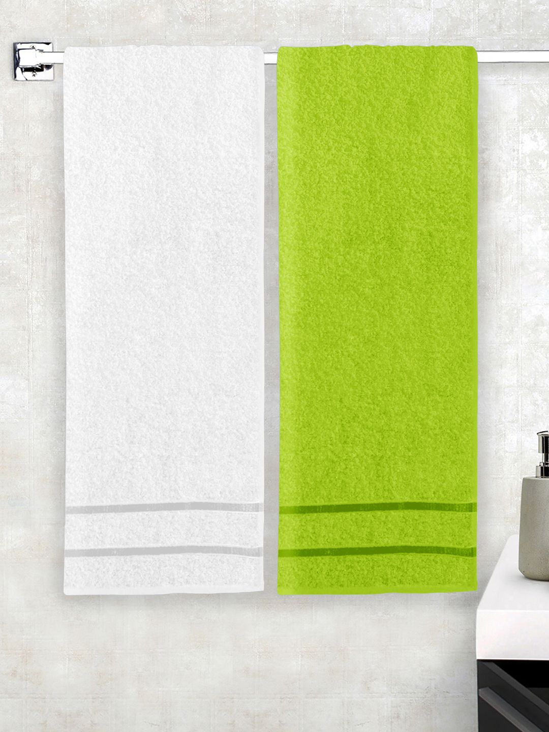 Story@home Set of 2 White & Green Pure Cotton Bath Towels Price in India