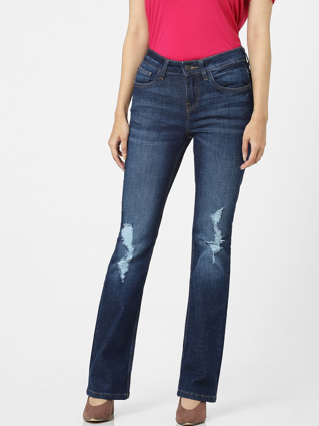 Vero Moda Women Blue Bootcut Mildly Distressed Light Fade Jeans Price in India