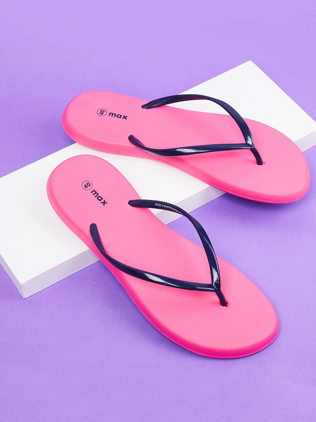 max Women Pink & Navy Blue Solid Thong Flip-Flops Price in India