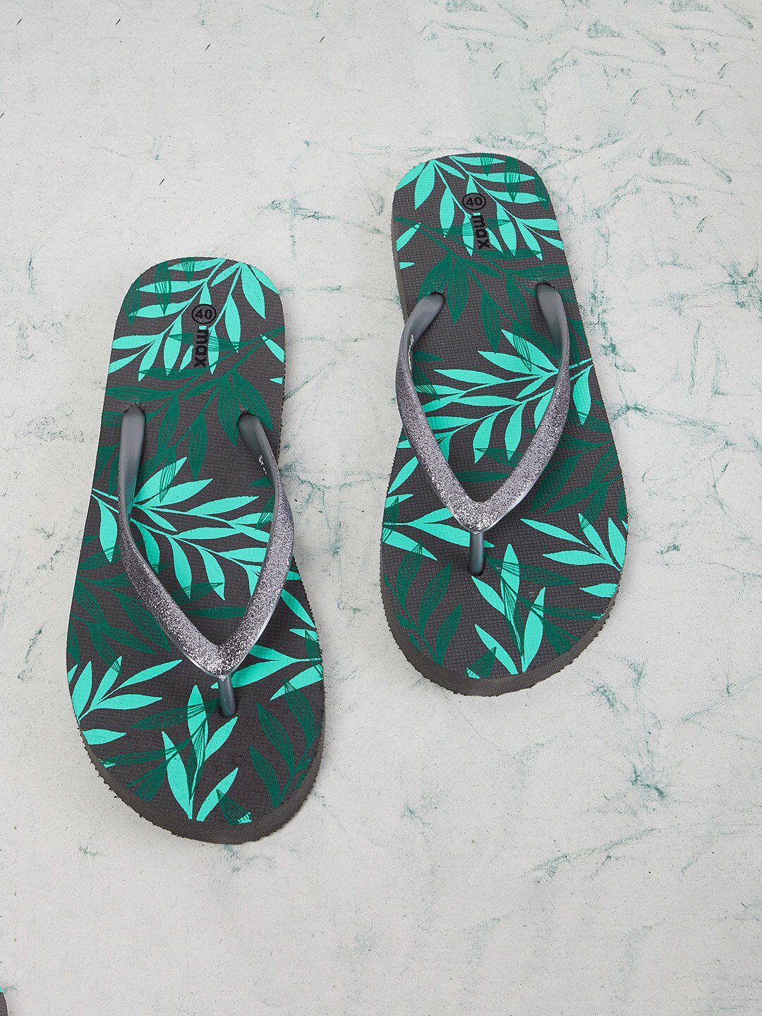 max Women Grey & Green Printed Rubber Thong Flip-Flops Price in India