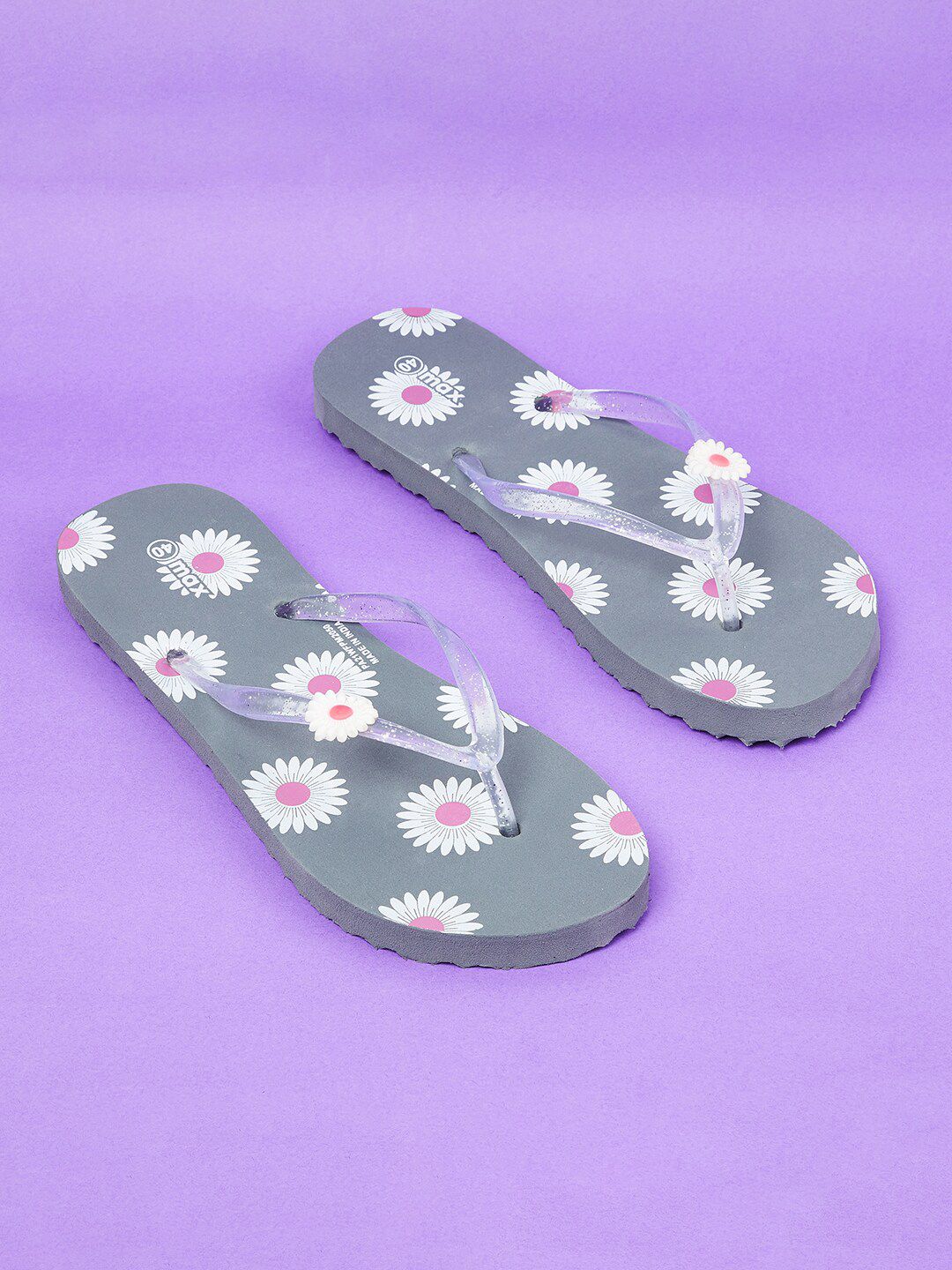 max Women Grey & White Printed Rubber Thong Flip-Flops Price in India