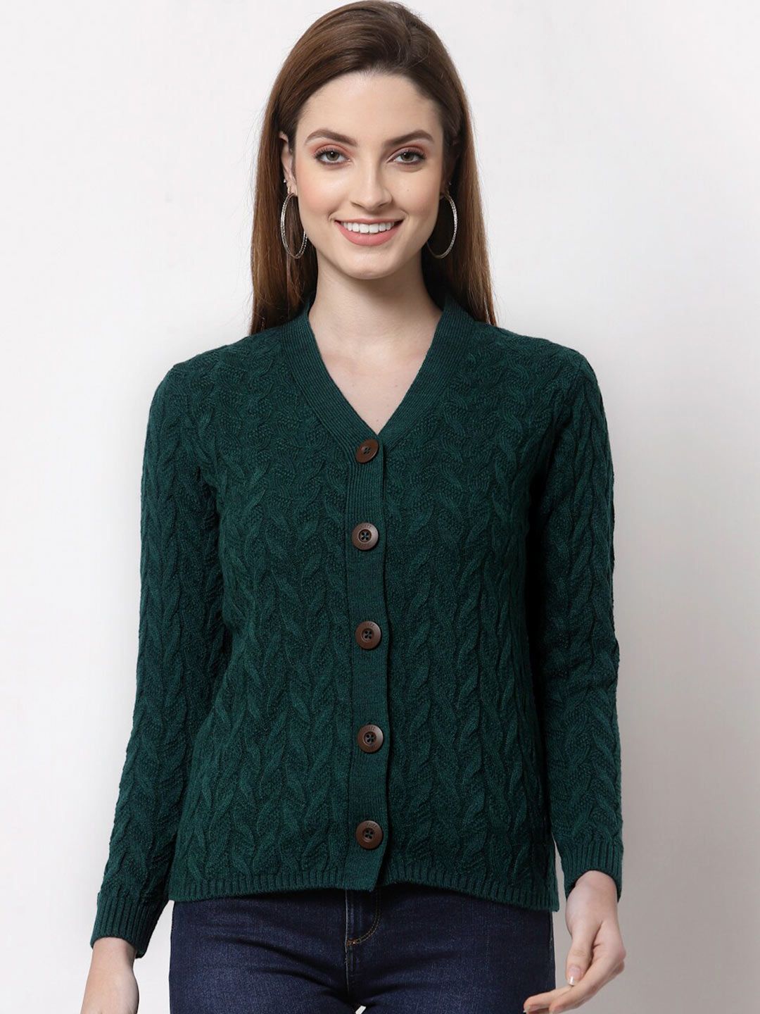 Kalt Women Green Self Design V-neck Cardigan Price in India