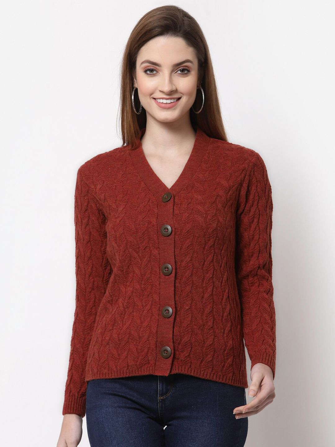 Kalt Women Rust Self Design V-neck Cardigan Price in India