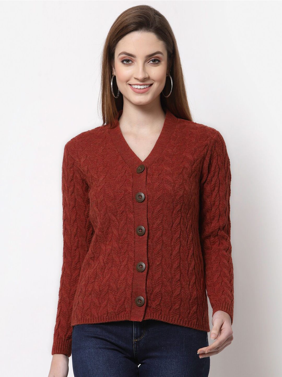 Kalt Women Rust Cable Knit Acrylic Cardigan Price in India