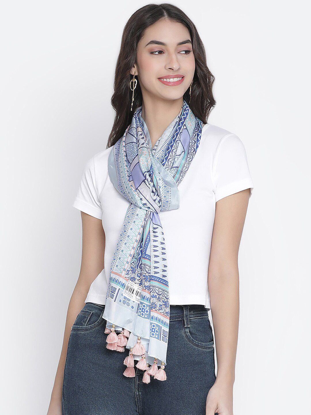 SHINGORA Women Blue & White Printed Silk Stole Price in India