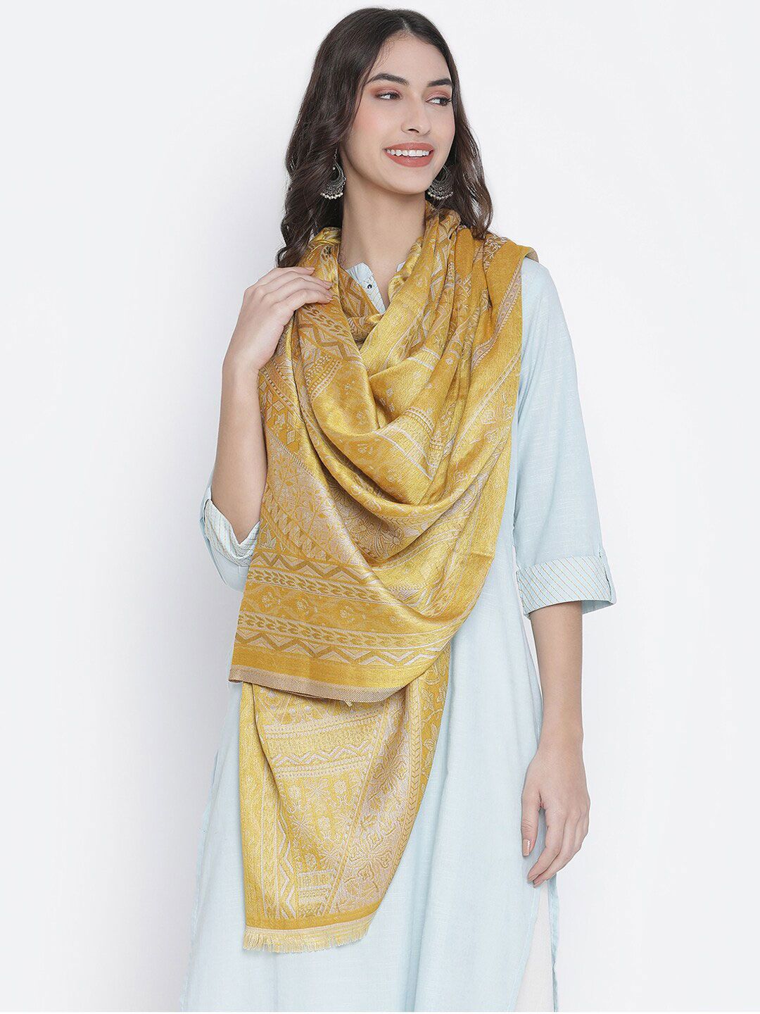 SHINGORA Women Gold-Toned & Grey Woven Design Stole Price in India