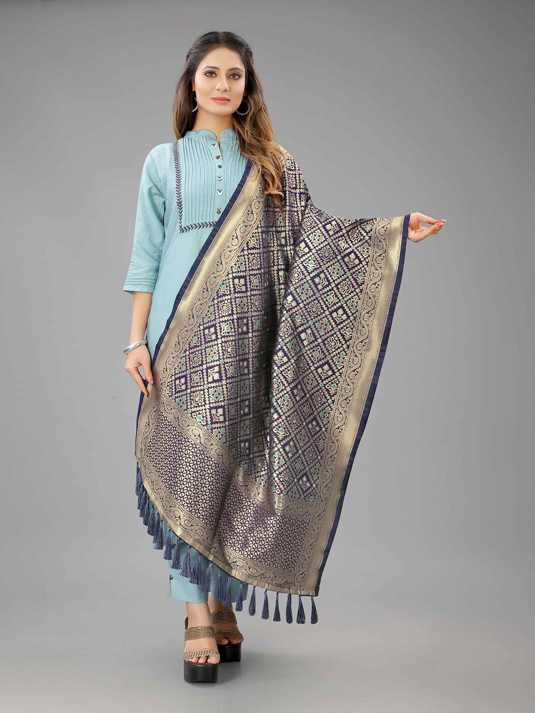 Silk Land Navy Blue & Gold-Toned Ethnic Motifs Woven Design Dupatta with Zari Price in India