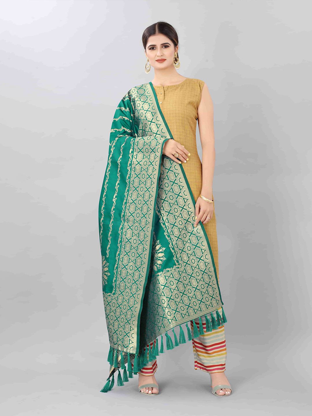 Silk Land Women Teal Green Woven Design Jacquared Banarasi Dupatta Price in India