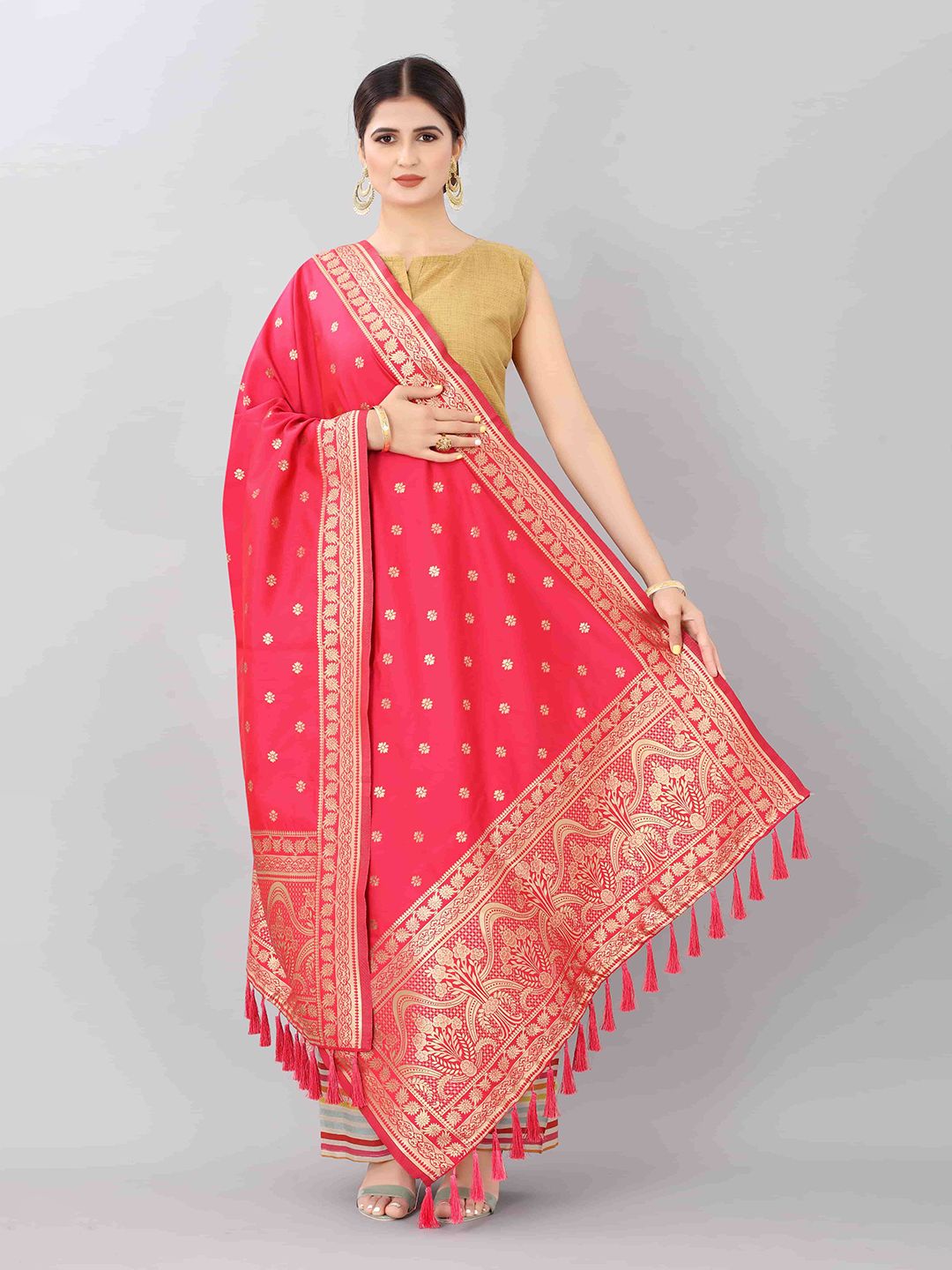 Silk Land Pink & Gold-Toned Ethnic Motifs Woven Design Dupatta with Zari Price in India