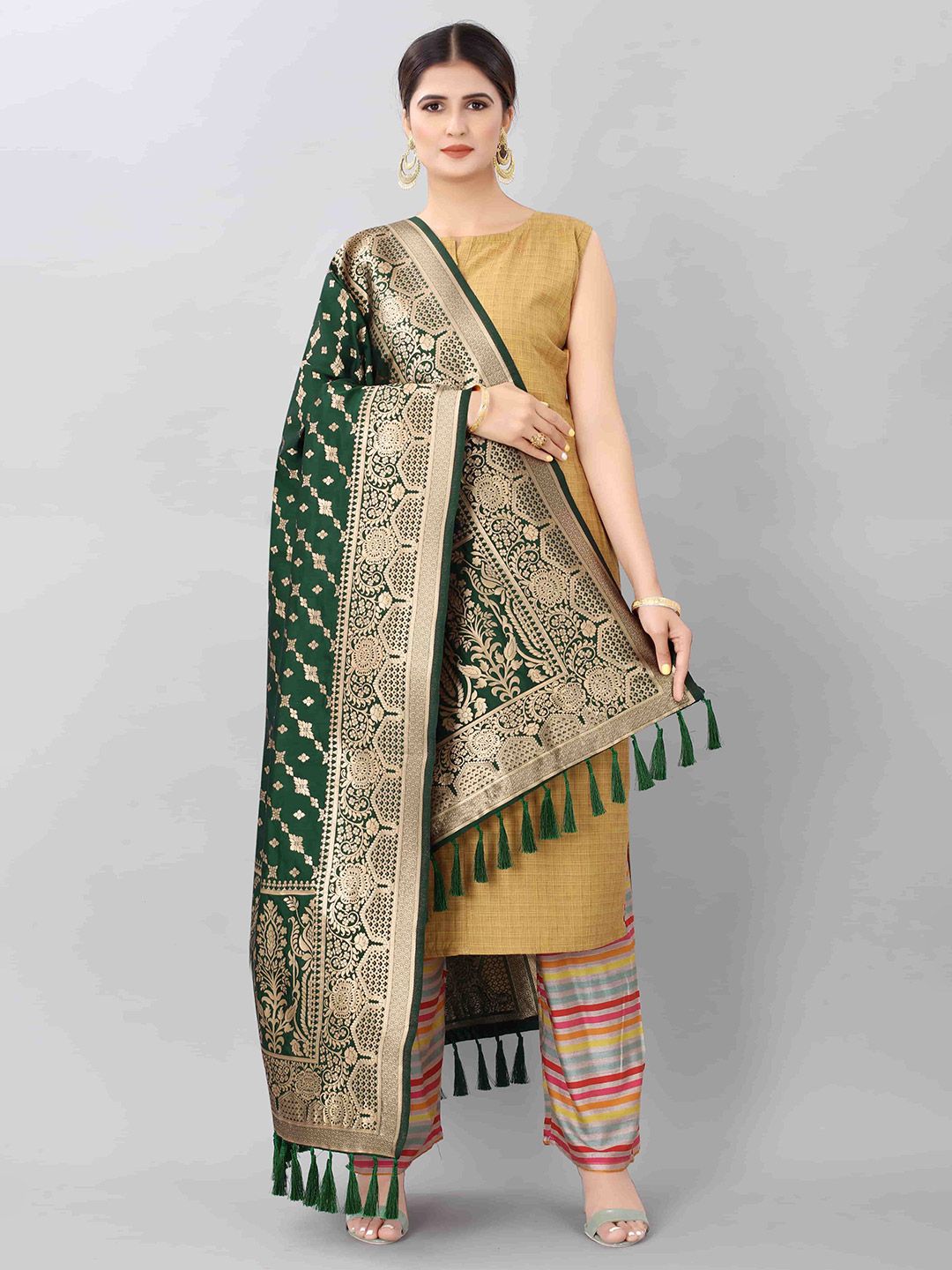 Silk Land Green & Golden Ethnic Motifs Woven Design Banarasi Dupatta with Zari Price in India