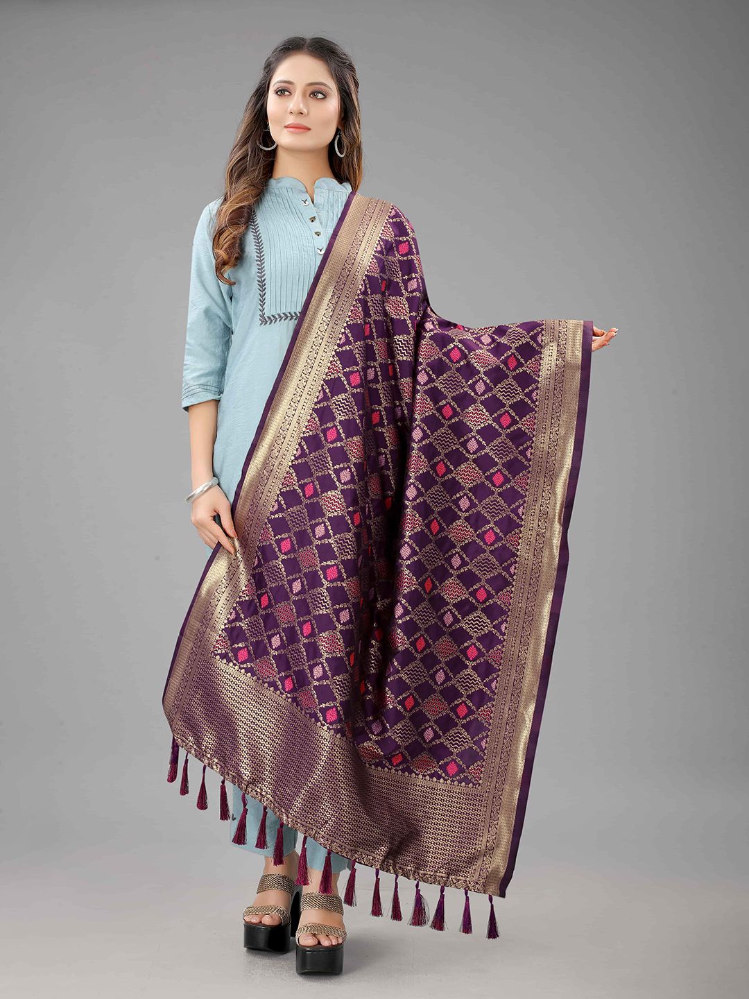 Silk Land Purple & Gold-Toned Ethnic Motifs Woven Design Dupatta with Zari Price in India