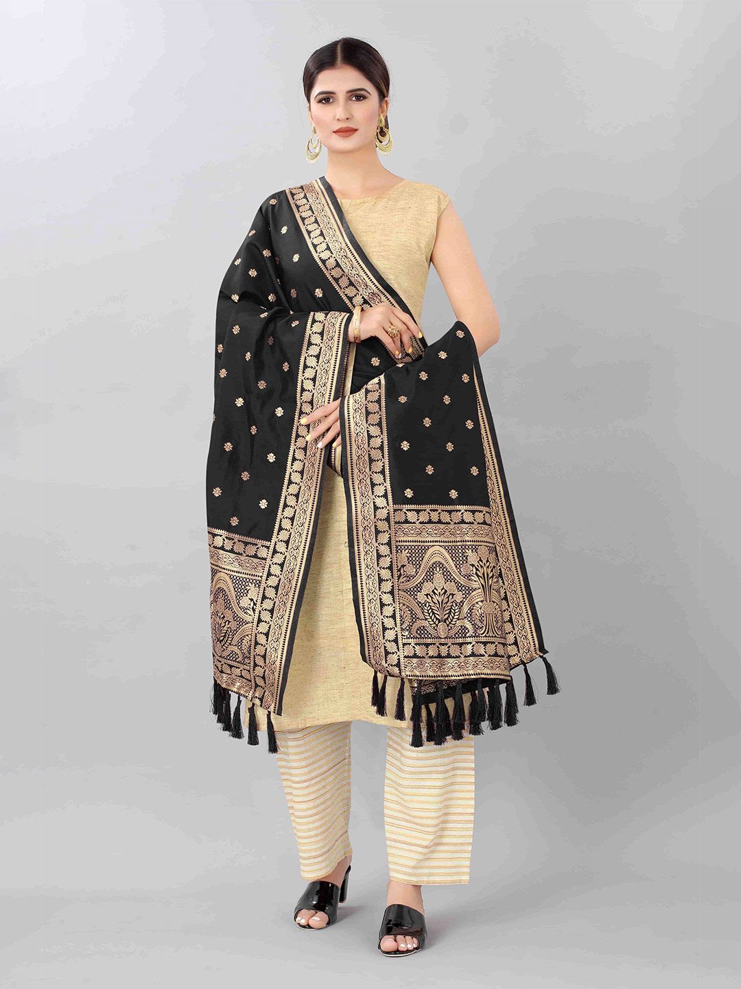 Silk Land Women Black & Gold-Toned Ethnic Motifs Banarasi Dupatta Price in India