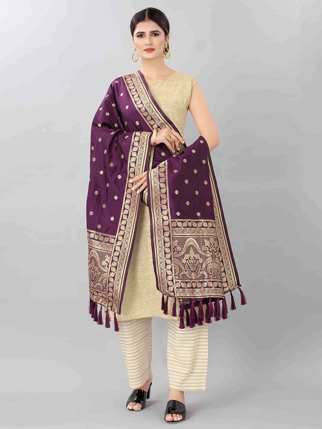 Silk Land Burgundy & Gold-Toned Ethnic Motifs Woven Design Dupatta with Zari Price in India