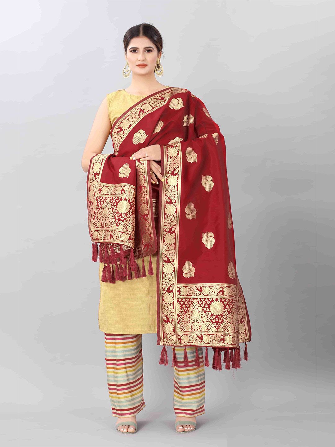Silk Land Red & Gold-Toned Ethnic Motifs Jacquared Banarasi Dupatta