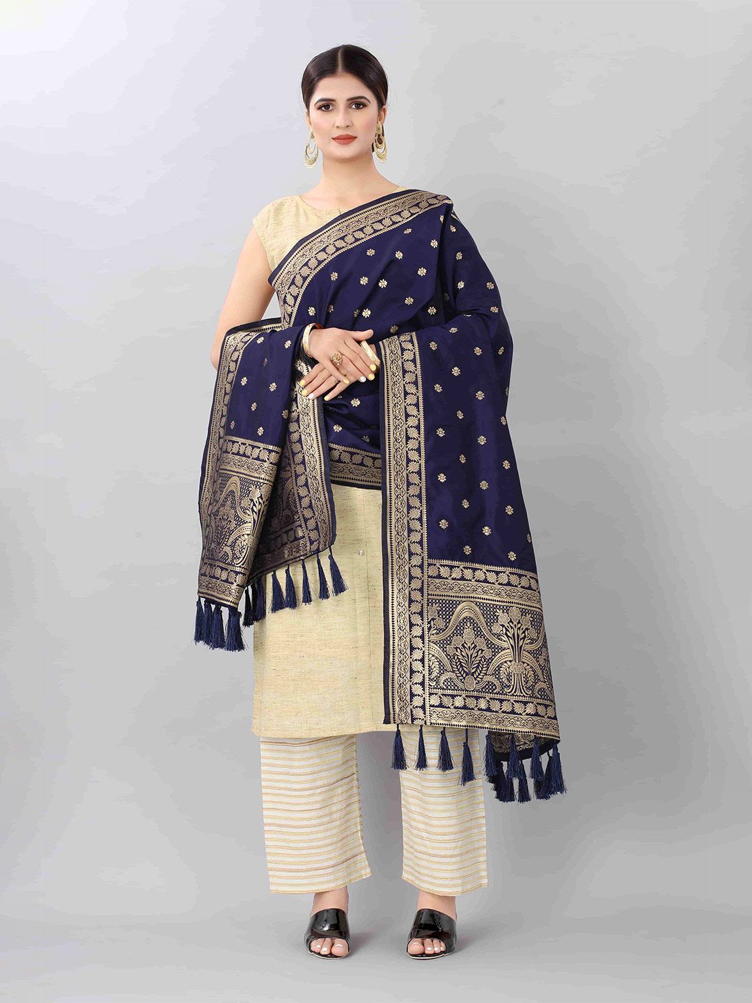 Silk Land Women Navy Blue & Gold-Toned Ethnic Motifs Banarasi Dupatta Price in India