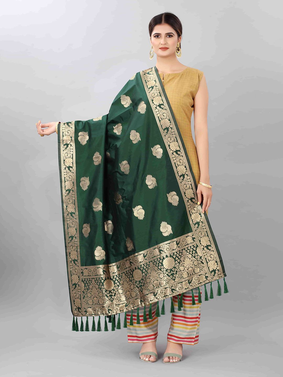 Silk Land Green & Gold-Toned Ethnic Motifs Woven Design Dupatta with Zari Price in India