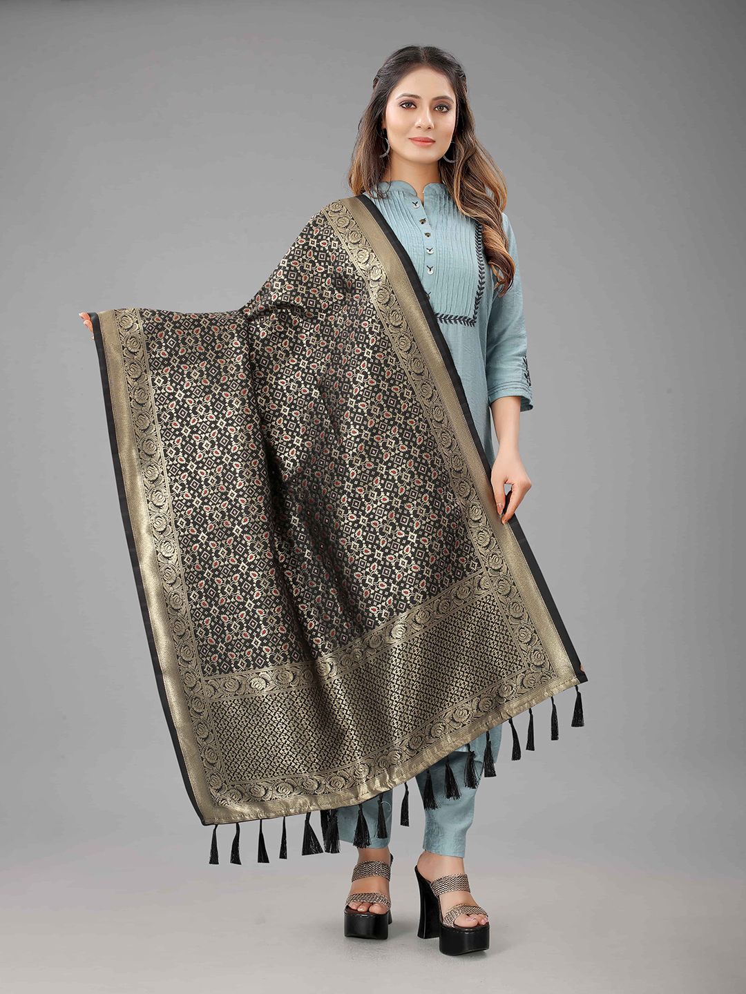 Silk Land Women Black Woven Design Banarasi Silk Banarasi Dupatta Price in India