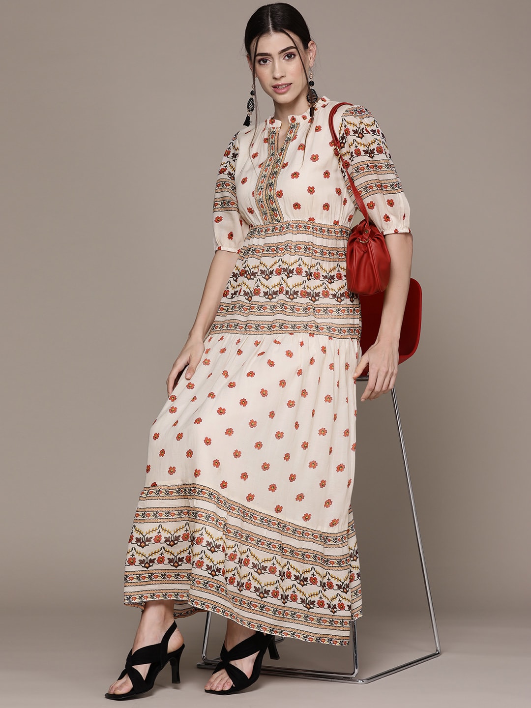 Label Ritu Kumar Off White & Orange Ethnic Georgette Maxi Dress Price in India
