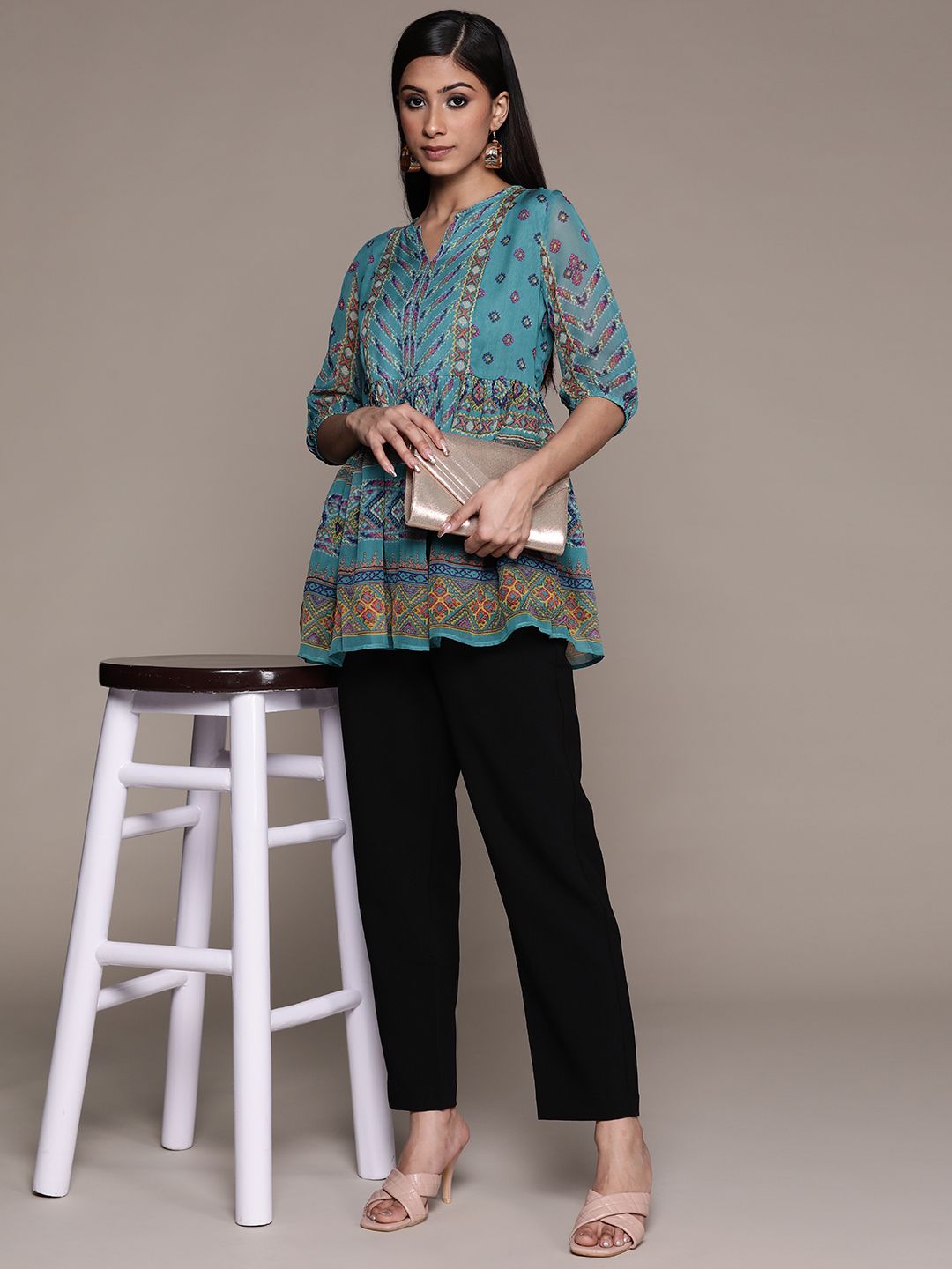 Label Ritu Kumar Teal Print Georgette Top