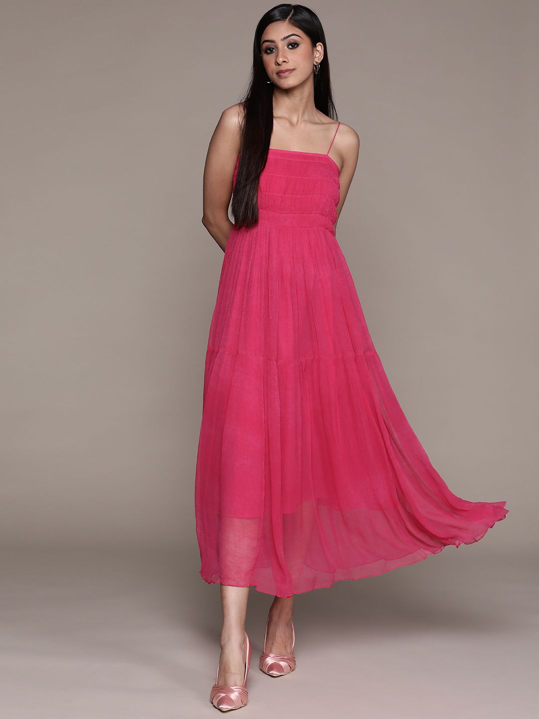 Label Ritu Kumar Fuchsia Chiffon A-Line Maxi Dress Price in India