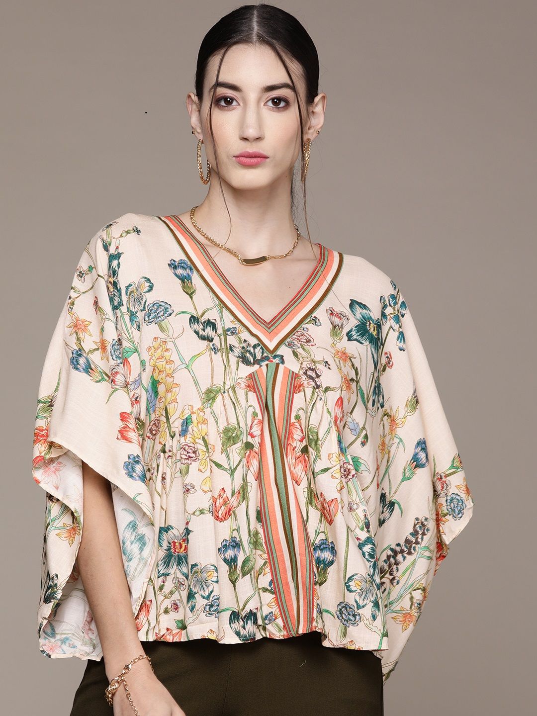 Label Ritu Kumar Off White & Green Floral Print Kaftan Top Price in India