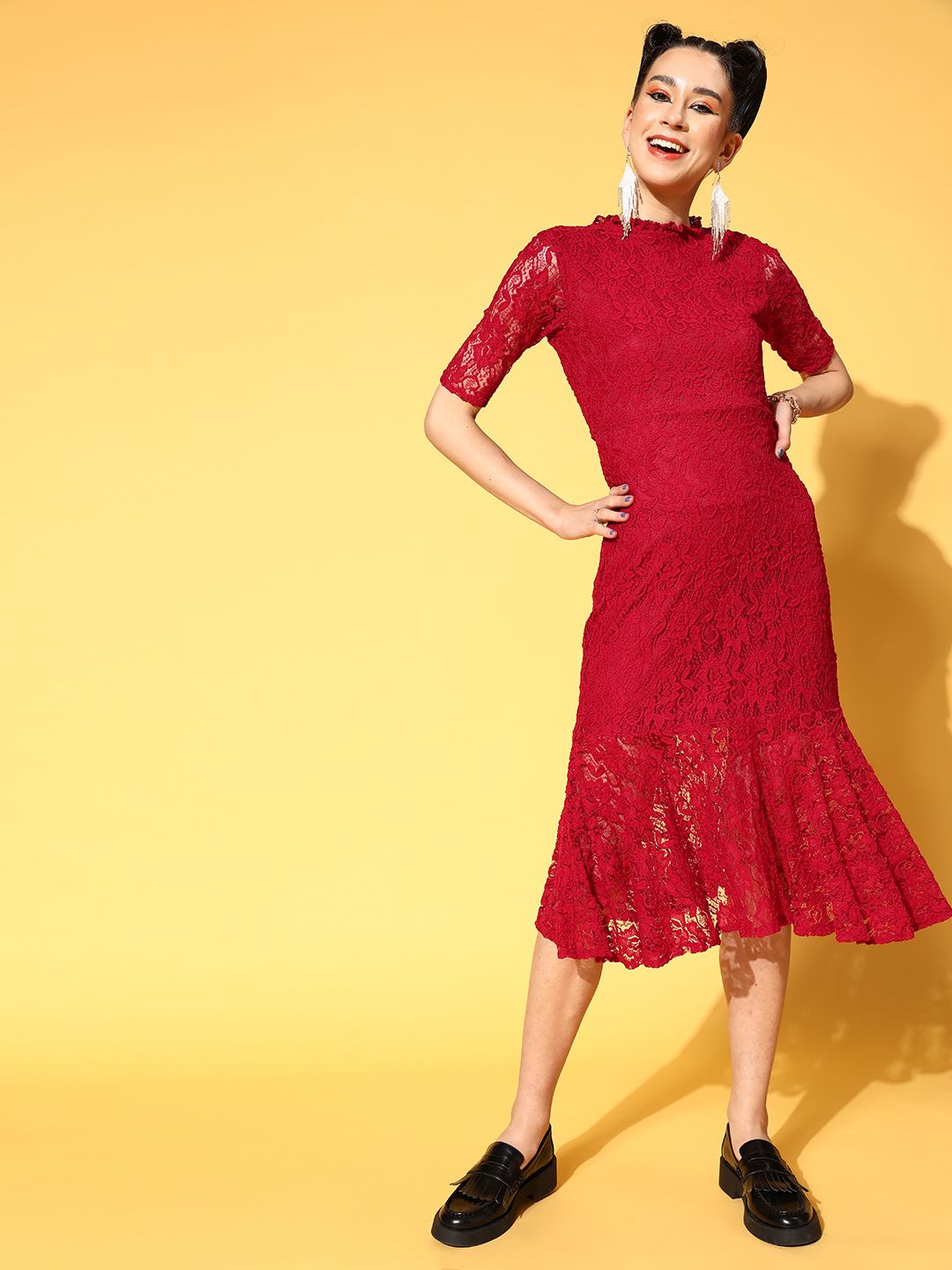 Athena Beautiful Red Floral I-Spy Lace Dress Price in India