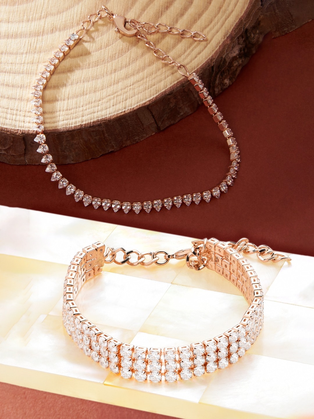 Zaveri Pearls Set of 2 Rose Gold-Plated White Brass Cubic Zirconia Wraparound Bracelet Price in India