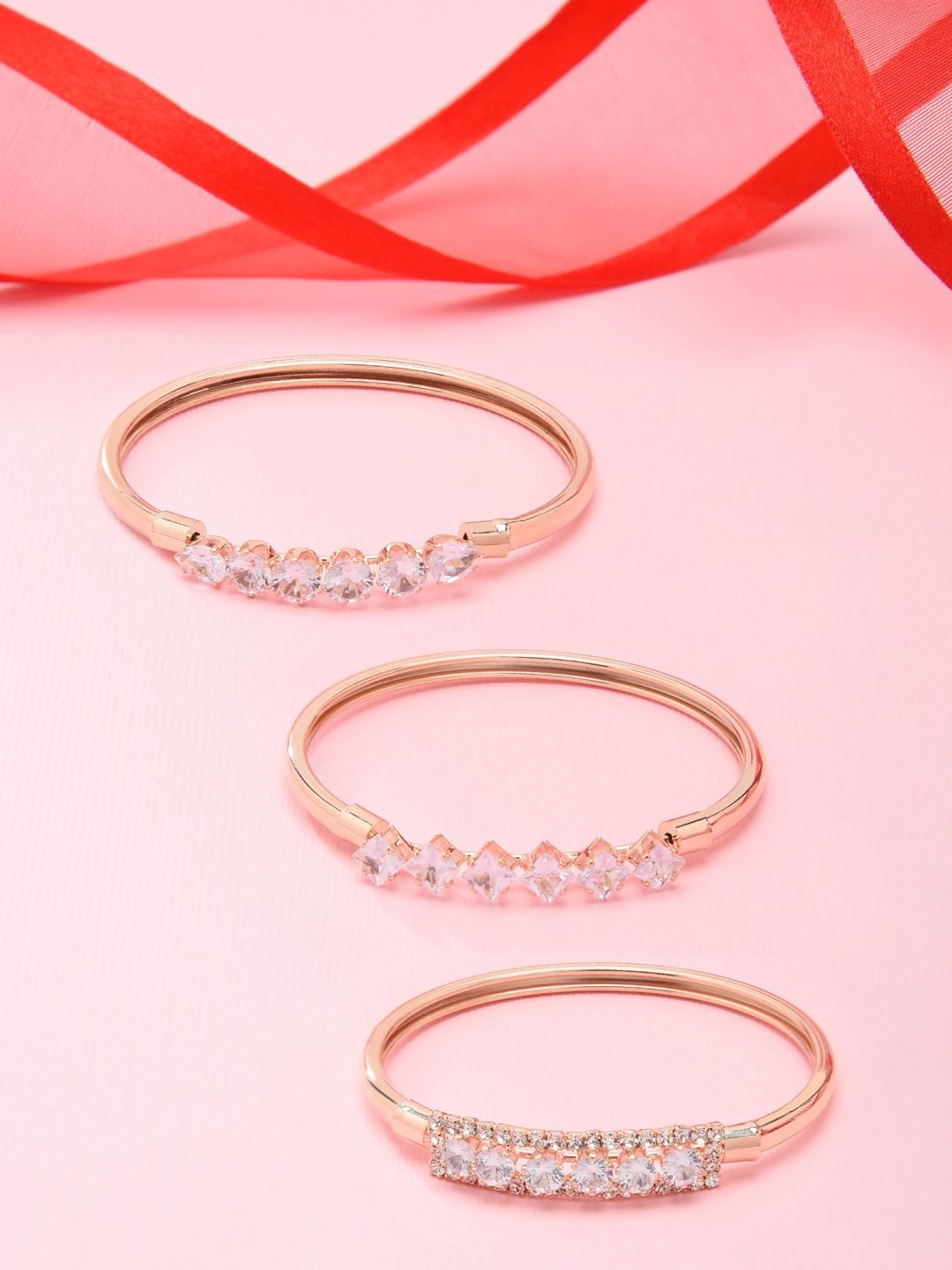Zaveri Pearls Set of 3 Rose Gold-Plated White Brass Cubic Zirconia Bangle-Style Bracelet Price in India