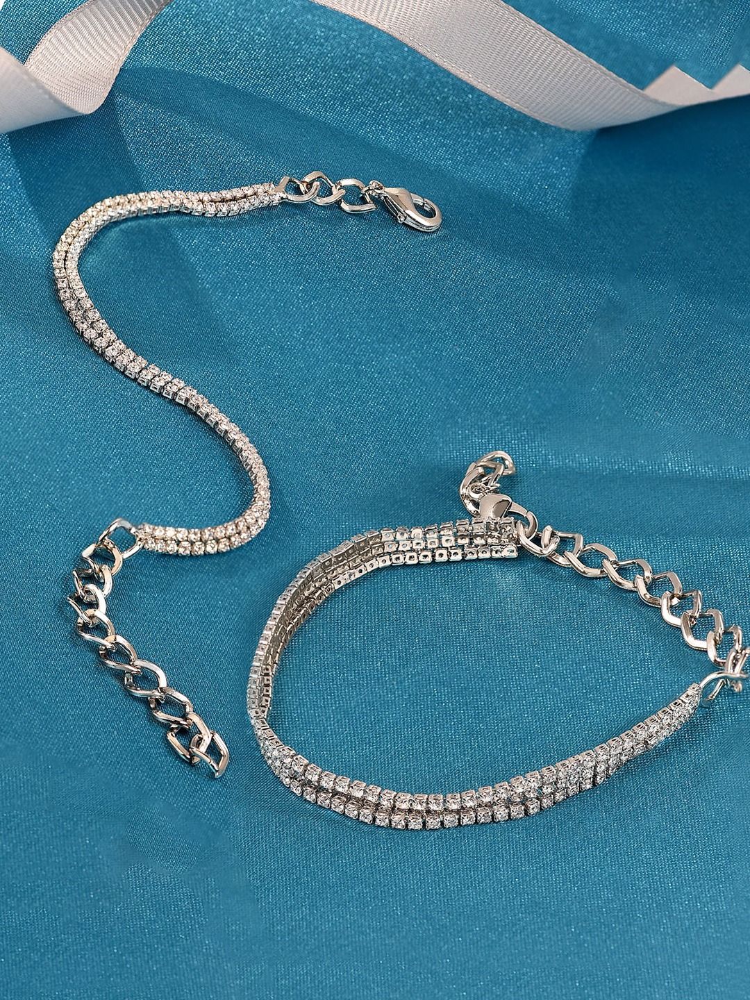 Zaveri Pearls Women Set of 2 Silver-Plated  Brass Cubic Zirconia Wraparound Bracelet Price in India
