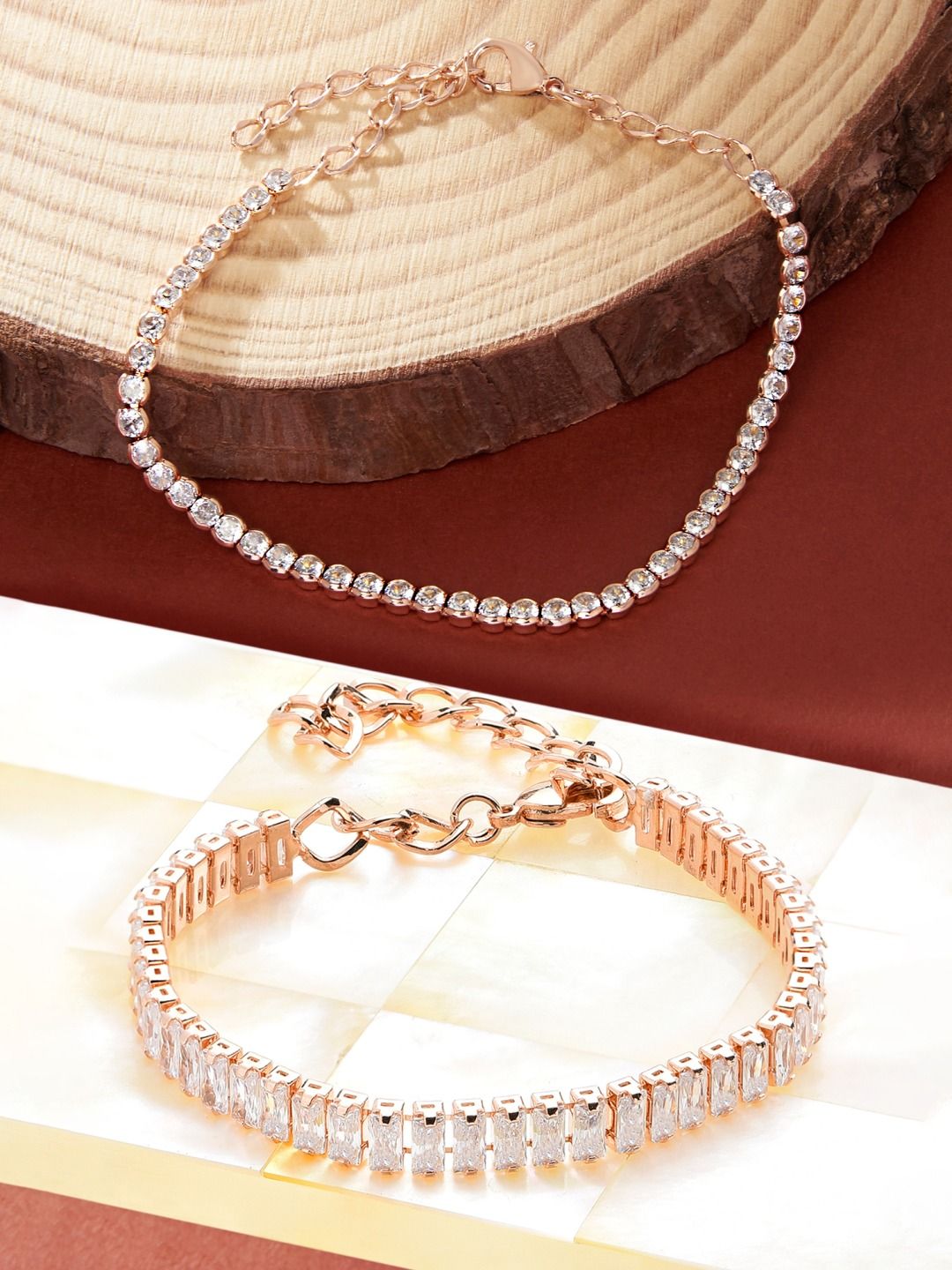 Zaveri Pearls Women Set of 2 Rose Gold Plated Studded Wraparound Bracelets Price in India