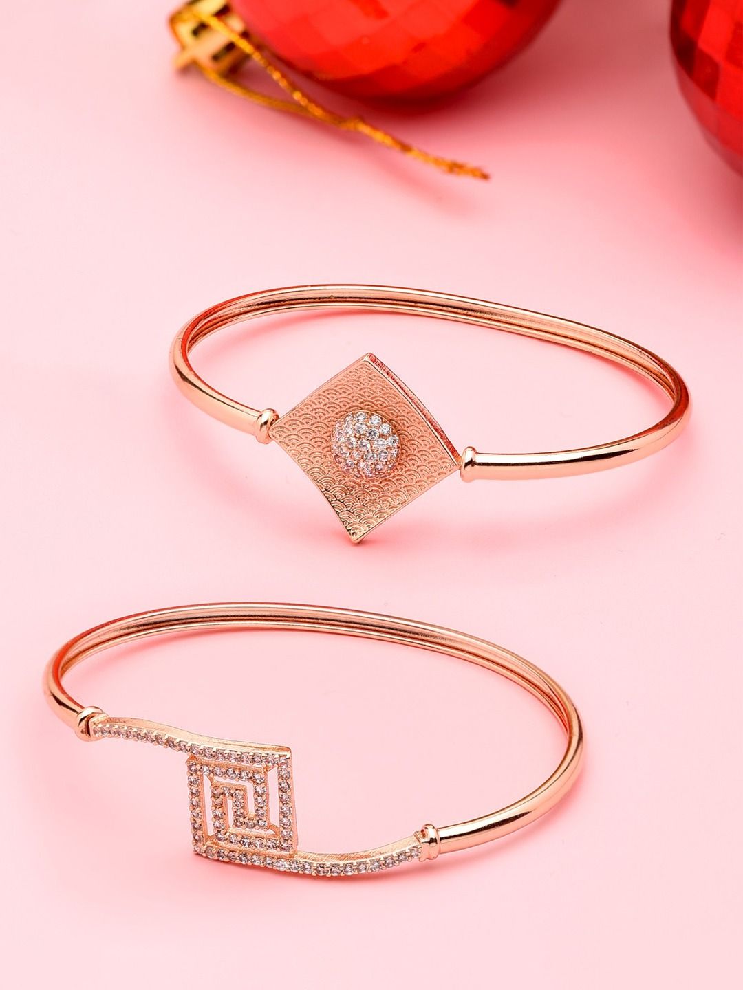 Zaveri Pearls Women Set of 2 Rose Gold Plated Studded Kada Bracelet Price in India