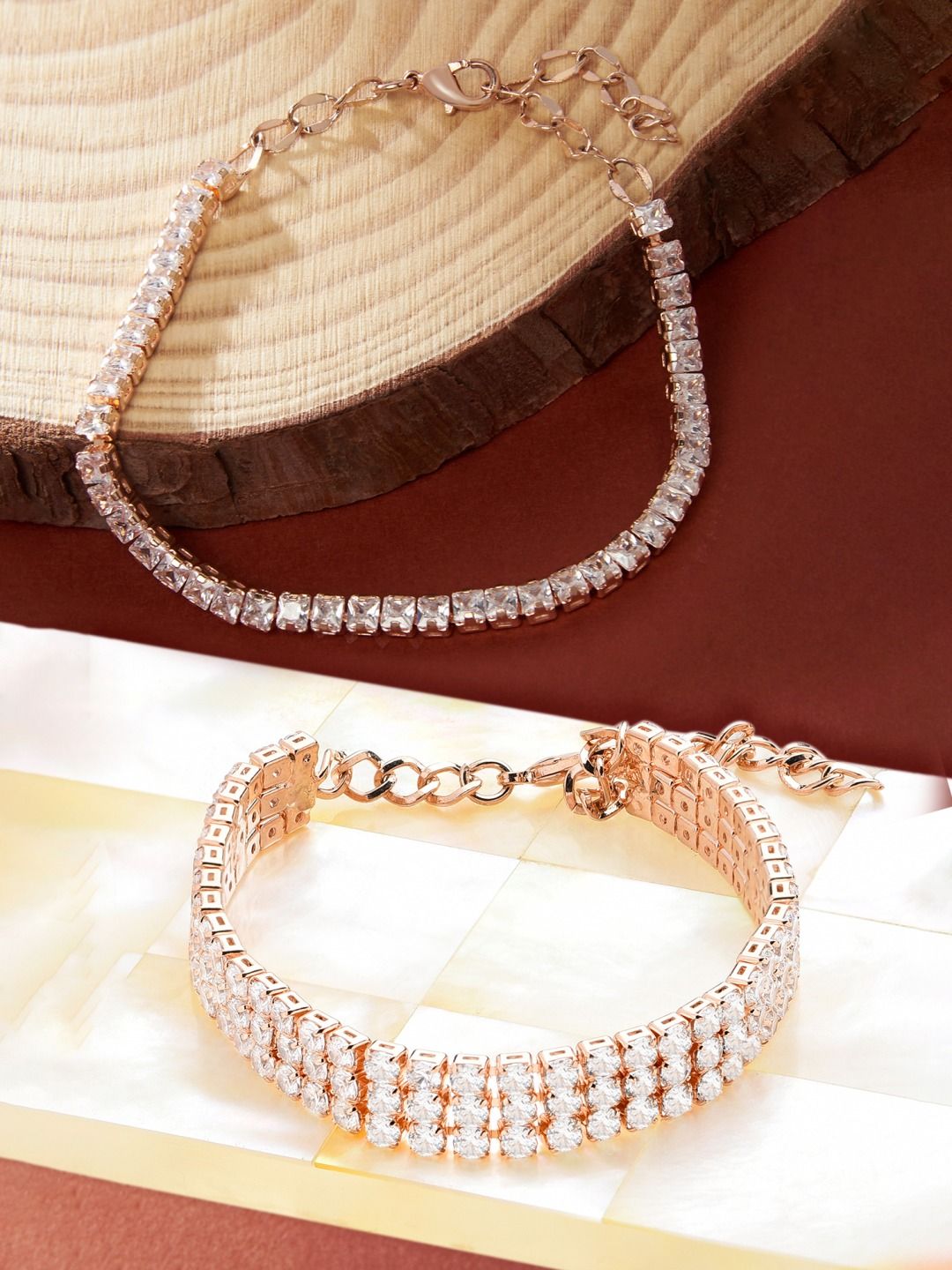 Zaveri Pearls Set of 2 Rose Gold-Plated White Brass Cubic Zirconia Wraparound Bracelet Price in India