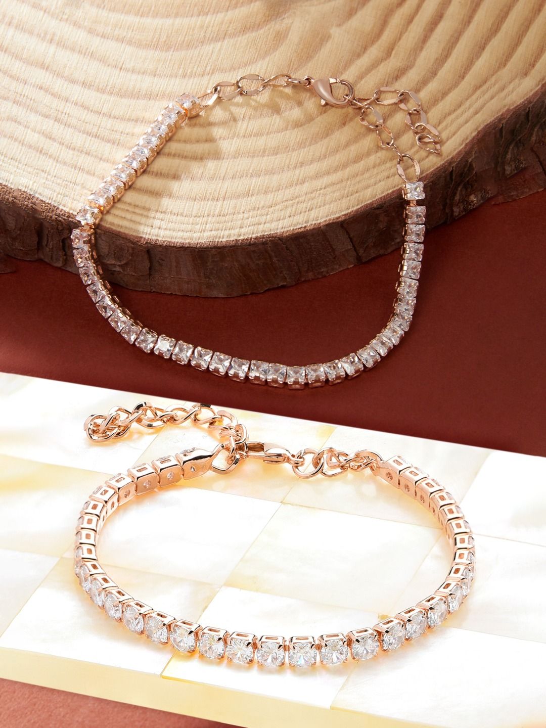Zaveri Pearls Set of 2 Rose Gold-Plated White Brass Cubic Zirconia Wraparound Bracelet Price in India