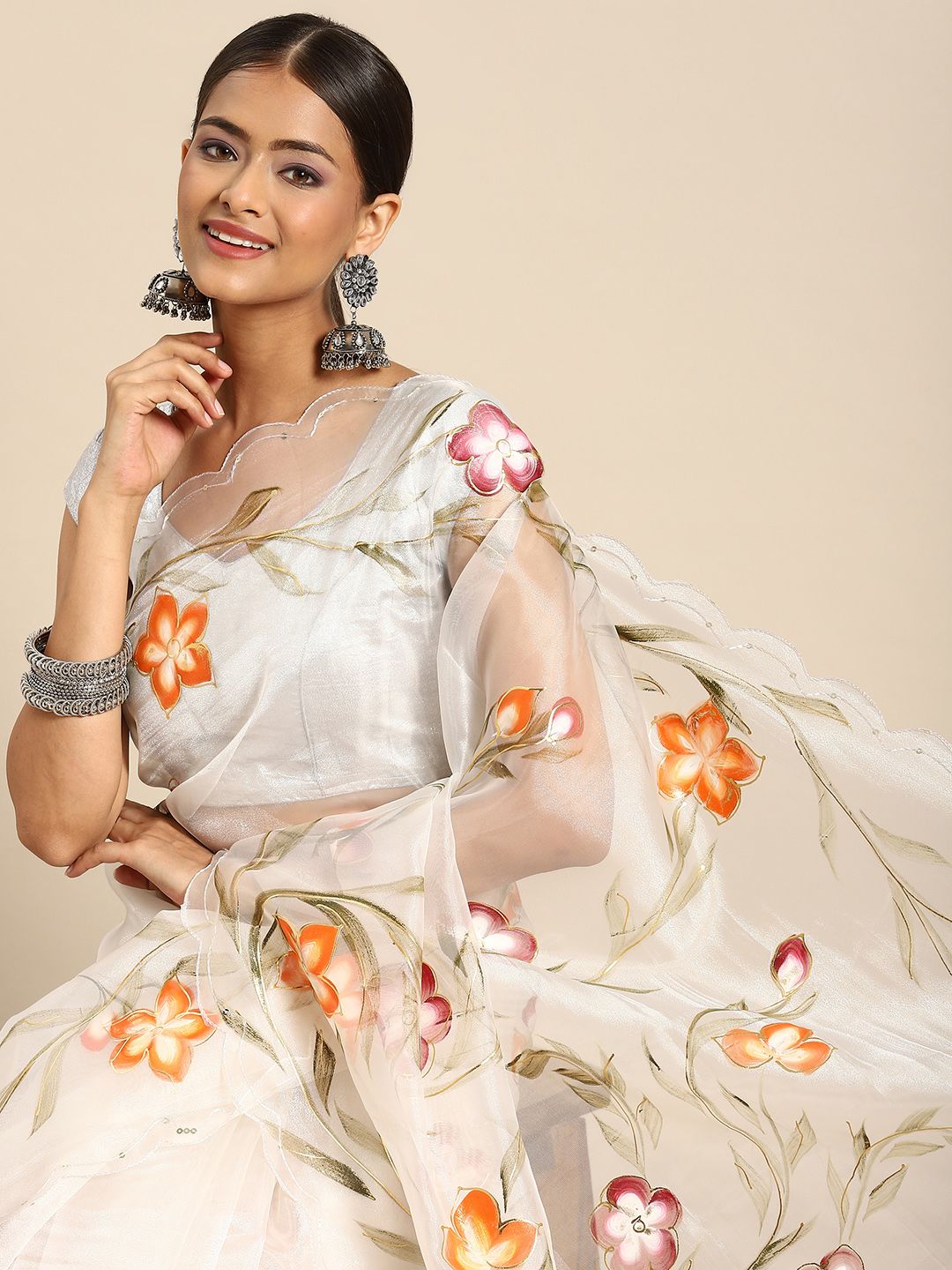 Anouk White & Orange Hand-Printed Floral Organza Saree