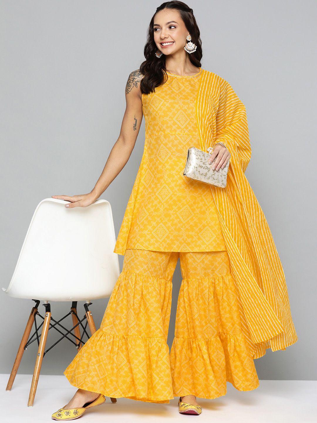 HERE&NOW Women Mustard Yellow Bandhani Print Kurta with Sharara & Dupatta Price in India