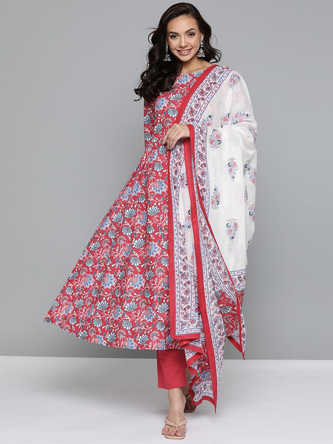 HERE&NOW Women Red & White Ethnic Motifs Printed Pure Cotton Kurta with Trousers & Dupatta Price in India