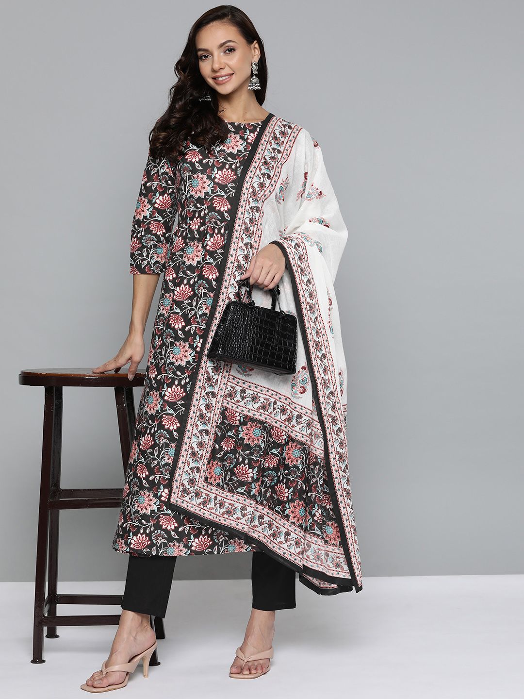 HERE&NOW Women Black Ethnic Motifs Printed Pure Cotton Kurta with Trousers & Dupatta Price in India