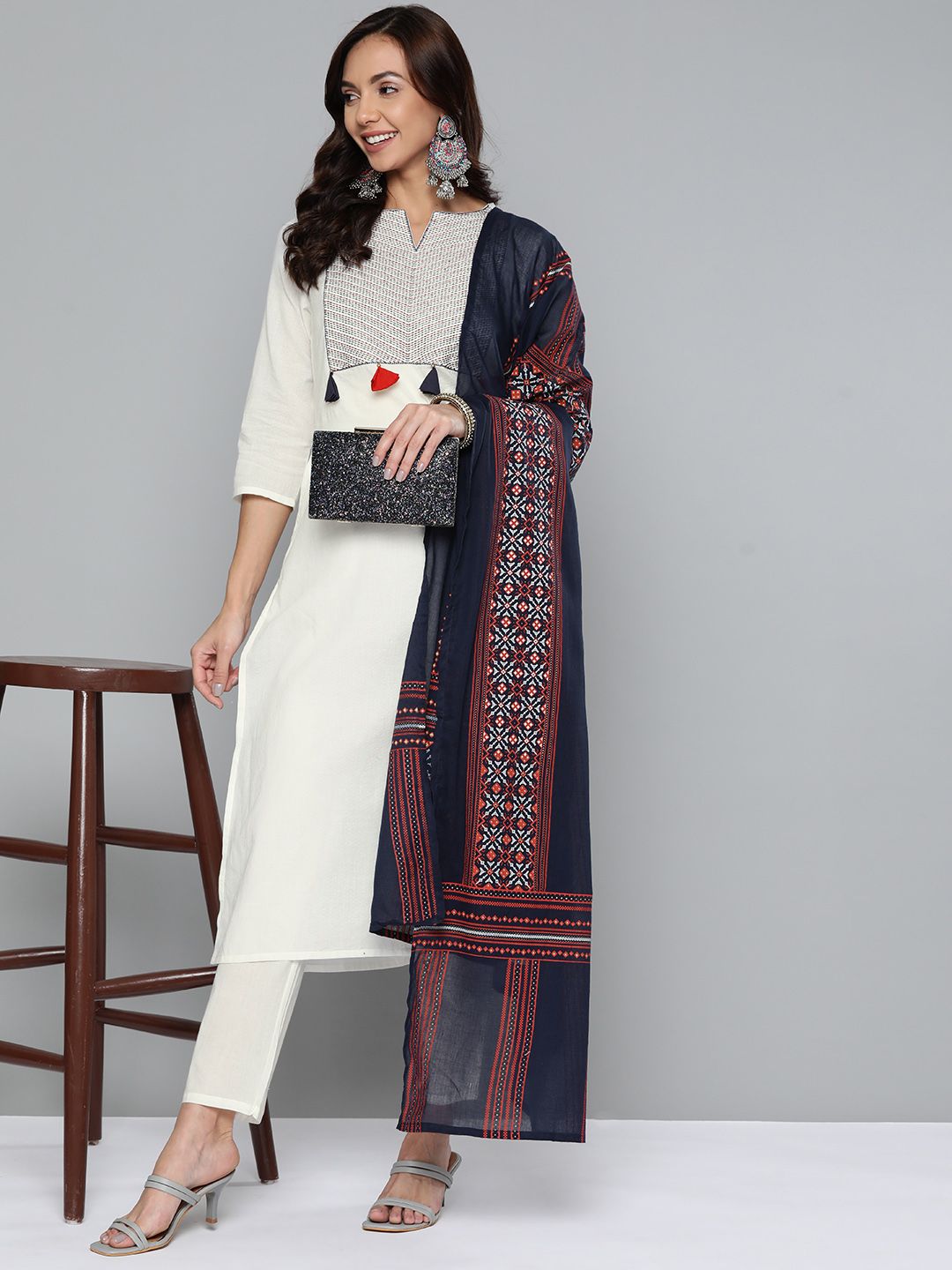 HERE&NOW Women White Pure Cotton Yoke Design Kurta with Trousers & Dupatta Price in India