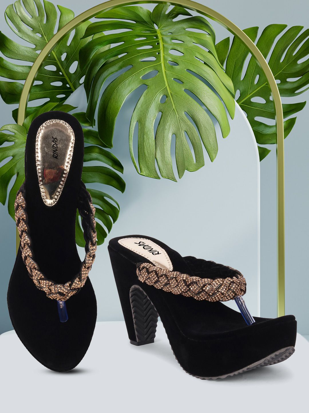 RINDAS Black Embellished Velvet Block Sandals Price in India