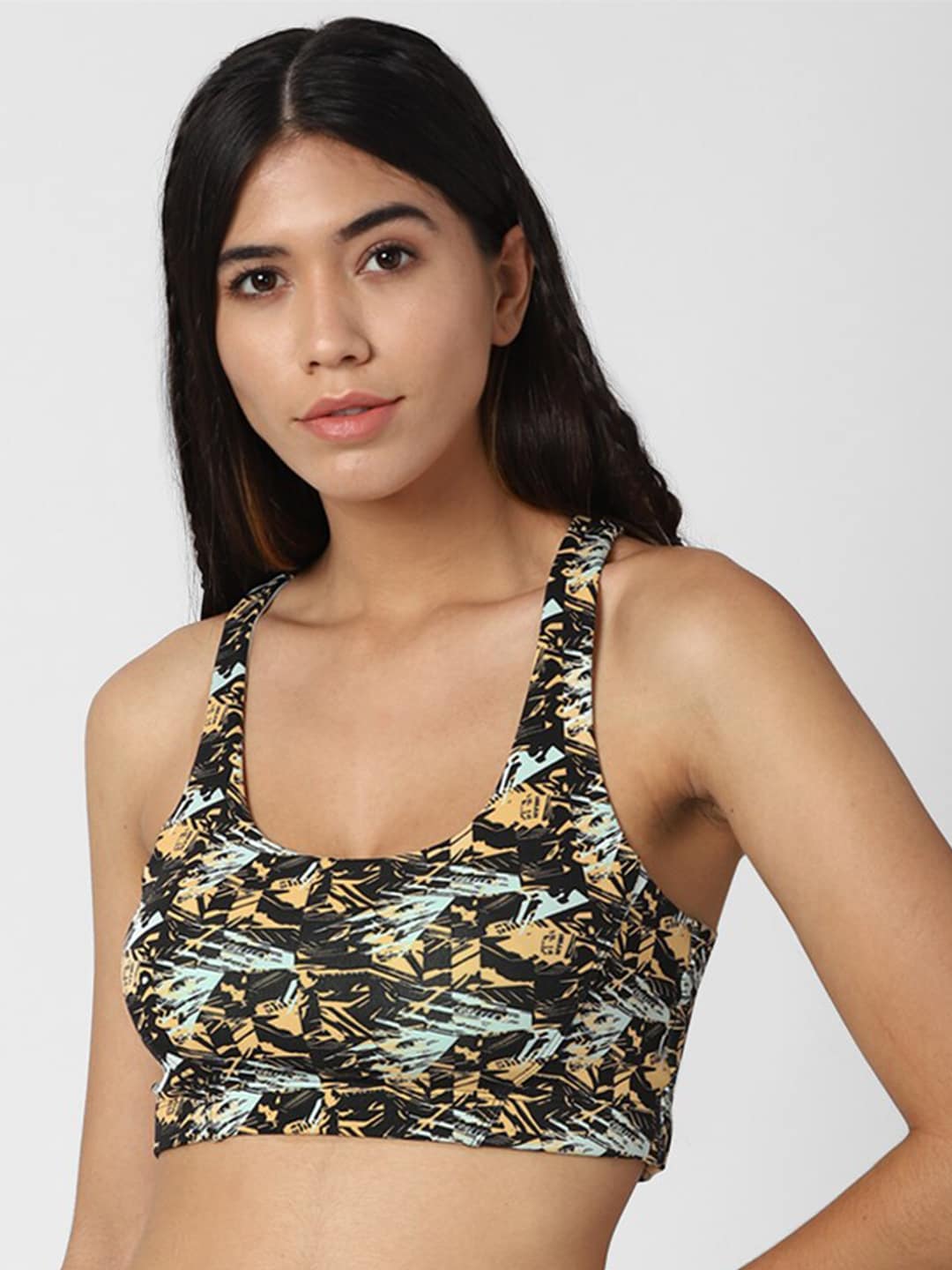 FOREVER 21 Black & Beige Abstract Printed Non Padded Bra Price in India