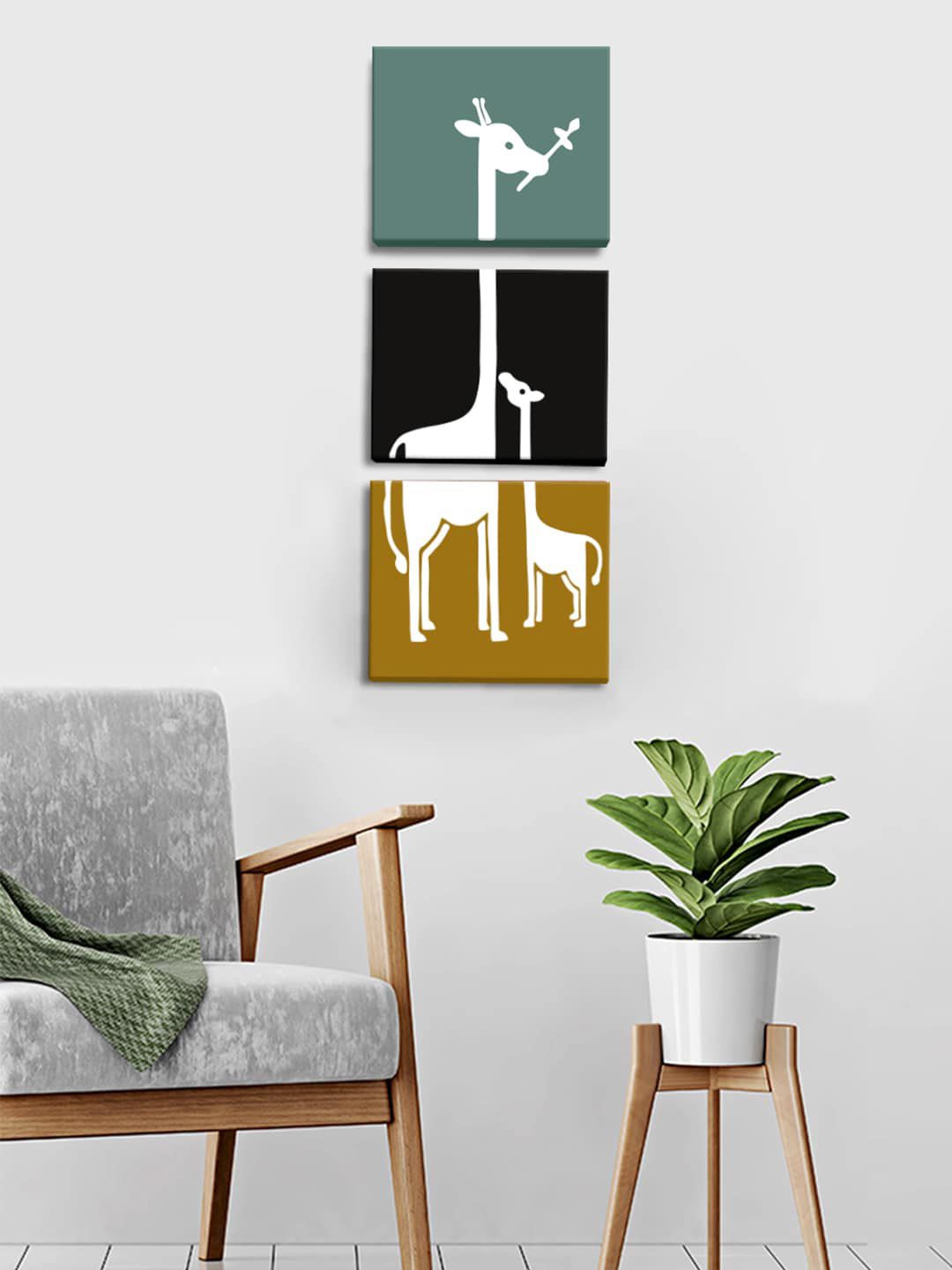 WALLMANTRA Set of 3 Grey & Black Giraffe Animal Wall Painting Price in India