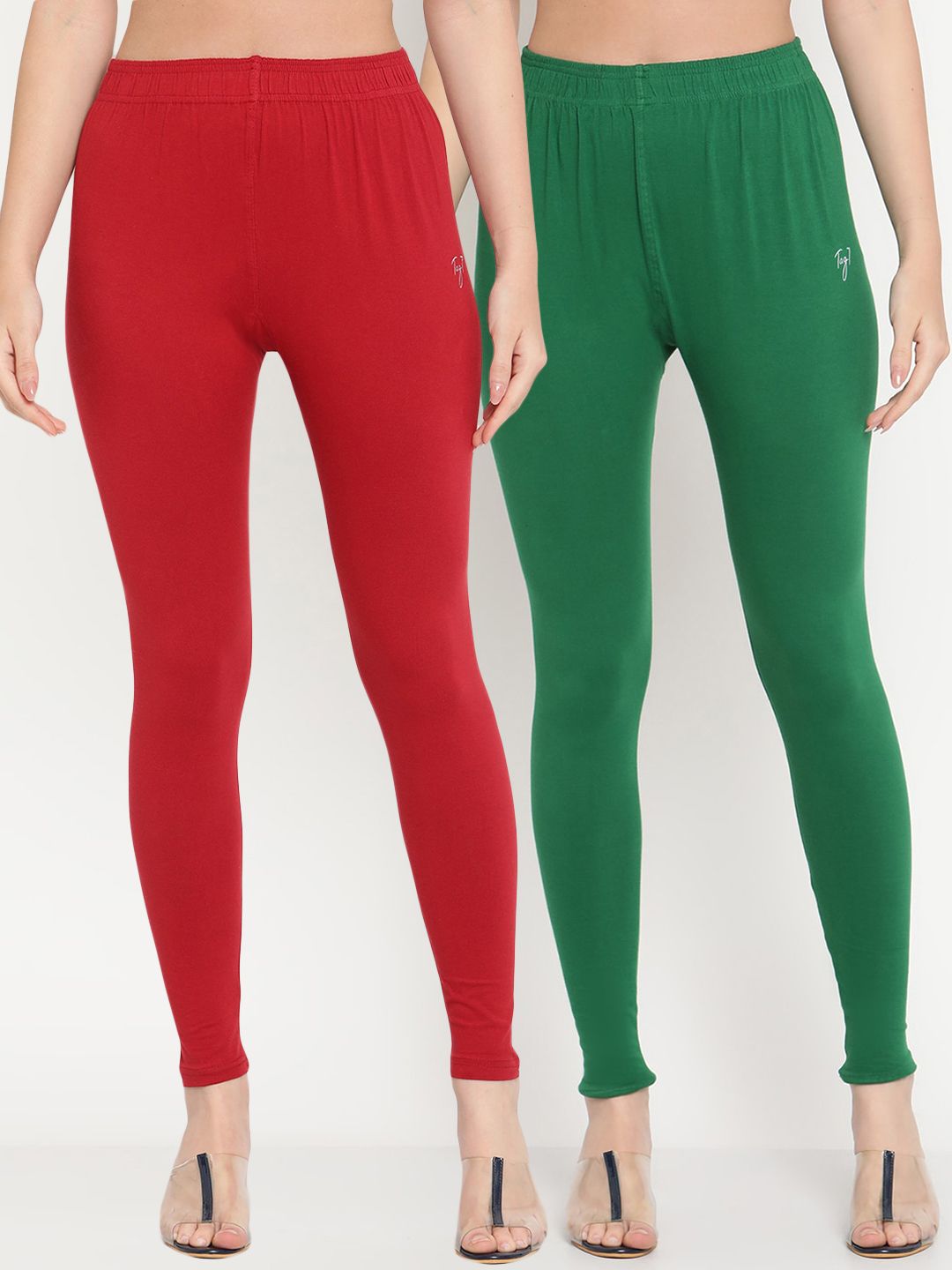 TAG 7 Women Pack Of 2 Maroon & Green Solid Ankle-Length Leggings Price in India