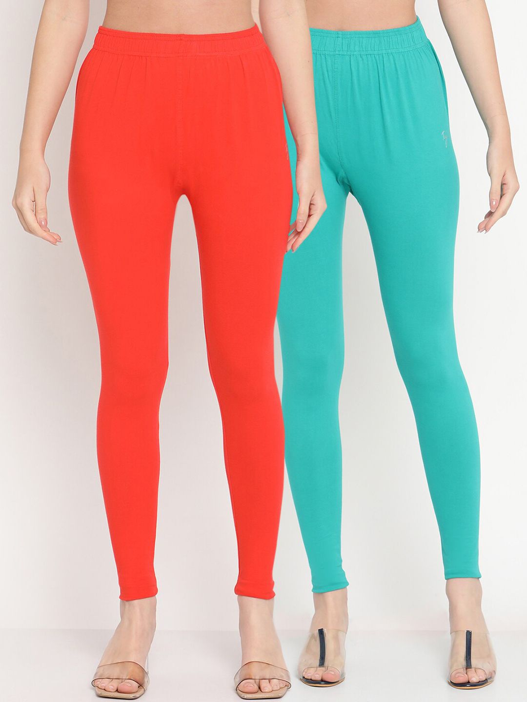 TAG 7 Women Pack Of 2 Orange & Turquoise Blue Solid Ankle-Length Leggings Price in India